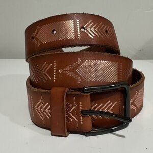 Express Genuine Leather Embossed‎ Belt Western Boho Indie Festival Sz M Brown
